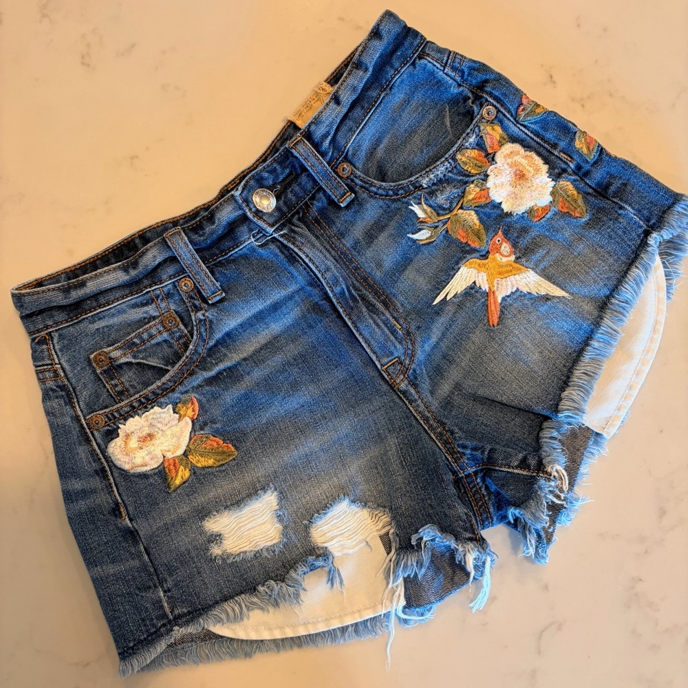 American Eagle Vintage Hi-Rise Festival Embroidered Denim Shorts 0